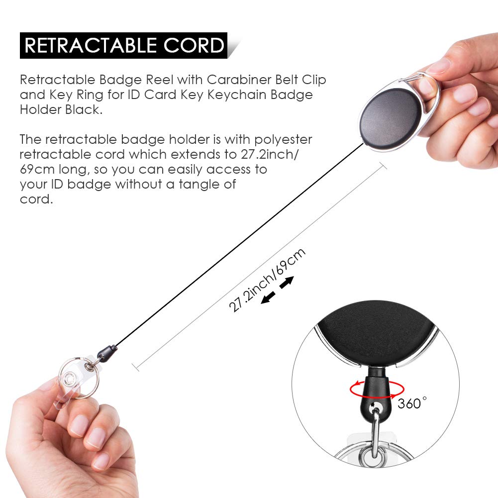 Retractable Badge Holder with Carabiner Reel Clip and Key Ring for ID Card Key Keychain Holders Black 10 Pieces by Moever