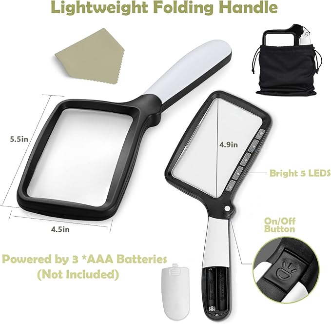 Magnifying Glass with Light, Folding Handheld 3X Large Rectangle Lighted Magnifier with Dimmable LED for Macular Degeneration Seniors Reading Newspaper, Books, Lighted Gift for Low Visions