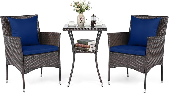 Tangkula 3 Pieces Patio Wicker Bistro Set, 2 Rattan Chairs w/ 2-Tier Tempered