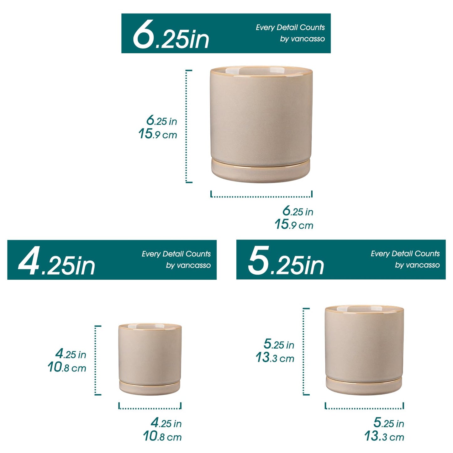 vancasso Ceramic Plant Pots, 3 Piece Planters for Indoor Plants, 4.25+5.25+6.25 Inch Flower Pots with Drainage, Plant Pots Indoor for Succulent, Pothos, Snake Plant and Money Tree, Etc (Gray)