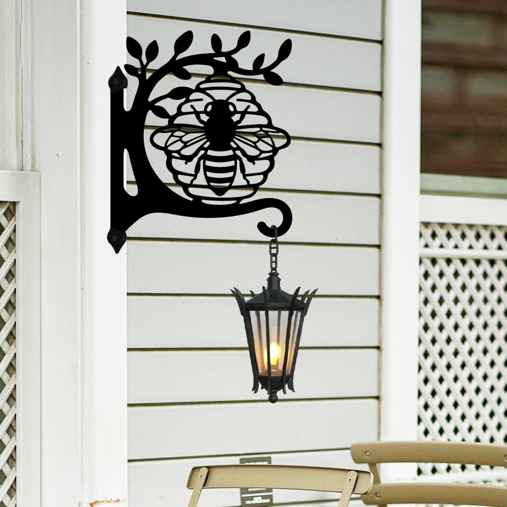 peacoblue Iron Plant Hangers Hooks 11.6"x15.2" for Outdoor Indoor Hanging Plants Flower Fern Pots Lantern Bird Feeder, Weather Resistant Metal Wall Holder for Porch Garden(Bee with Beehive on Branch)