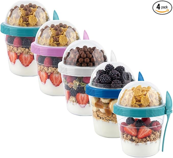 4 Pack 17 oz Small Breakfast On The Go Yogurt Parfait Cups, Reusable Plastic Containers with Lids and Spoons, Perfect Jars for Overnight Oats Cereal Granola Oatmeal (5 Colors)