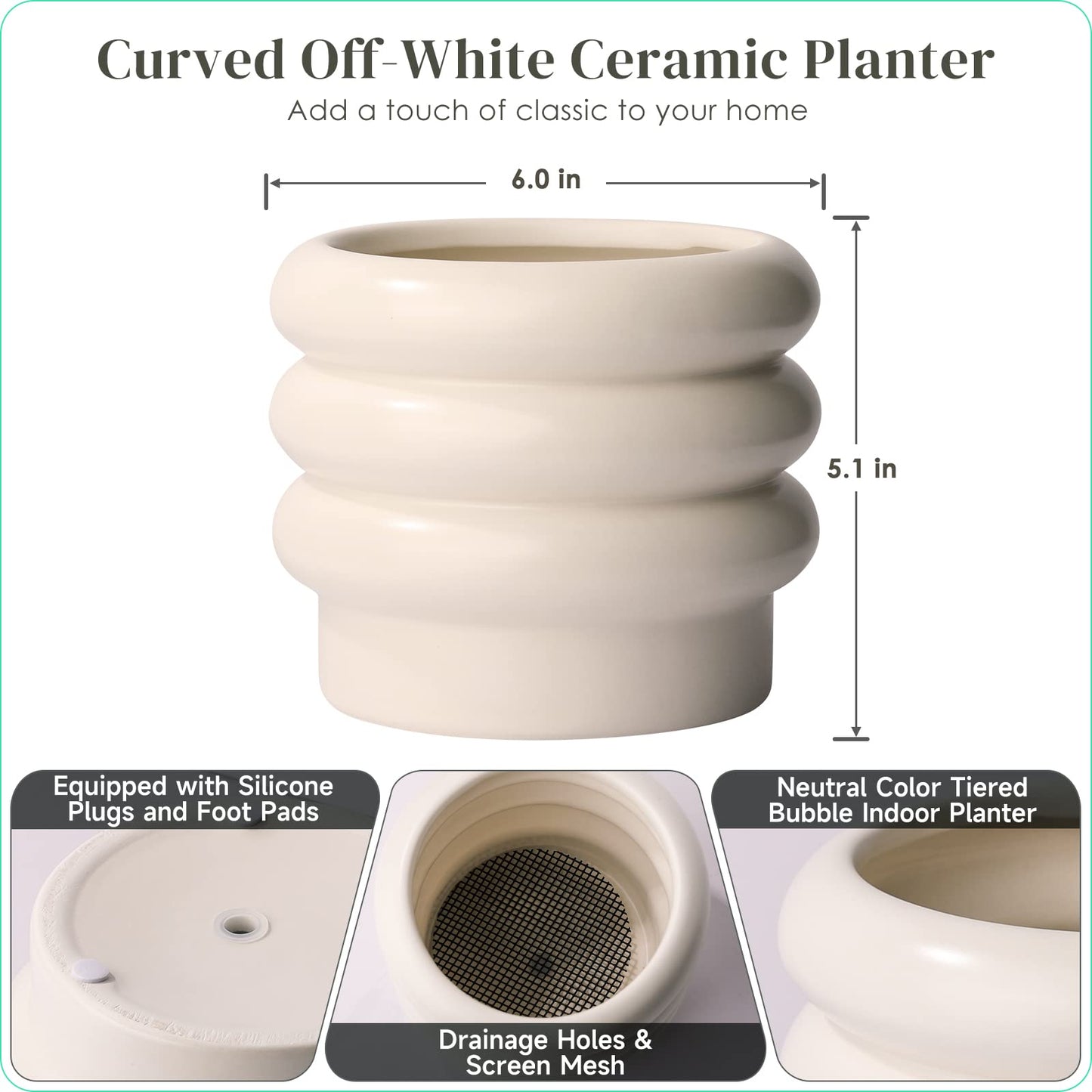 JOFAMY Tiered Bubble Ceramic Plant Pot, Creamy White 6 Inch Ceramic Planter with Drainage Holes, Flower Pot with Mesh Pad, Rubber Plugs, Plante Pots for Indoor Plants Outdoor, Modern Décor