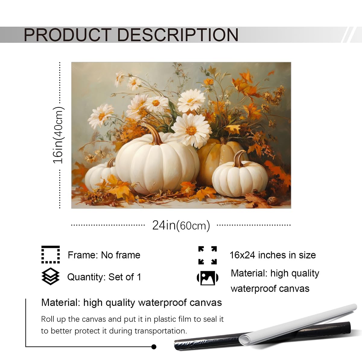 Farmhouse Autumn Pumpkin Canvas Wall Art, White Orange Pumpkins Still Life Painting Pictures, Rustic Farm Fall Daisy Flower Posters, Halloween Thanksgiving Autumn Wall Print Decor 16x24in Unframed