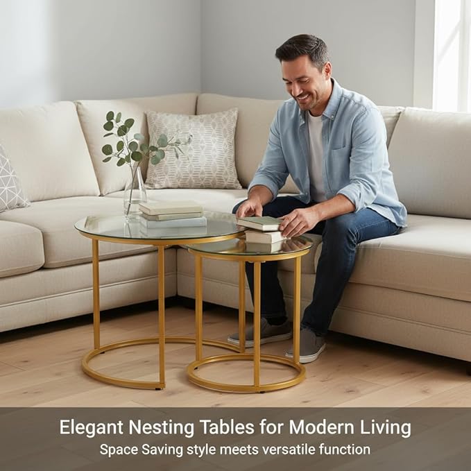 Round Nesting Coffee Table Set of 2, Modern Glass Nesting Tables, Stacking
