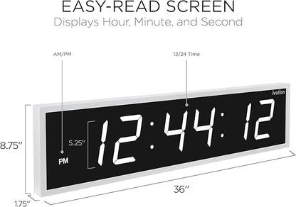 Ivation Oversized 36" Large Digital LED Clock | Big Digital Clock w/Multi-Function Display – Stopwatch, Timer, Alarms, Temp & Date | 6 Brightness Levels, Time Memory & Remote (White)