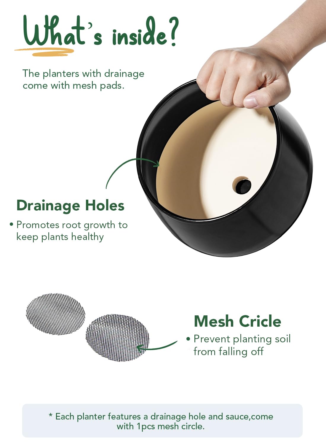 LE TAUCI Plant Pots, 4.1+5.1+6.5 inch, Set of 3, Ceramic Planters with Drainage Hole and Saucer, Indoor Flower Pot with Hole Mesh Pad, Gifts for Mom, Black