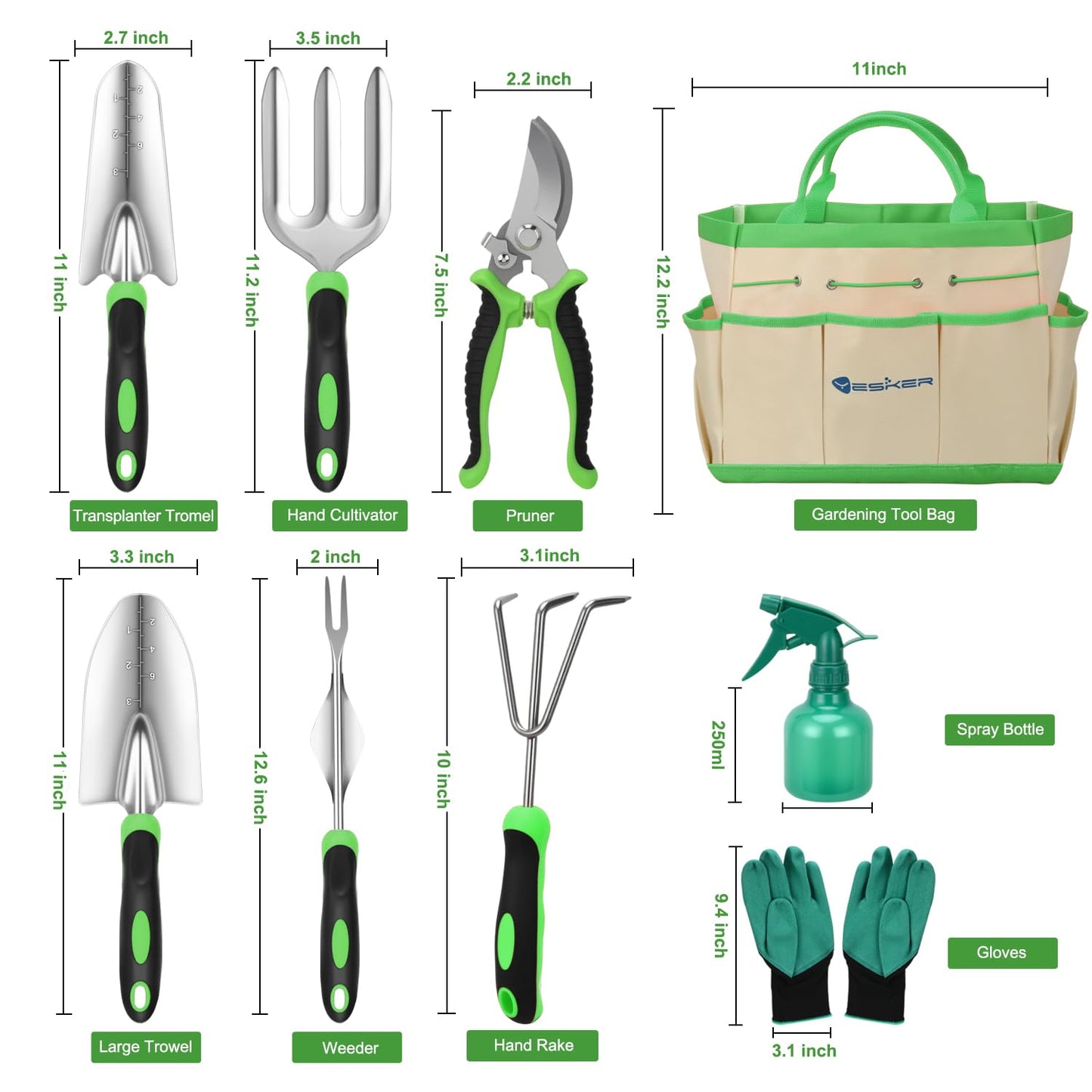 Yesker Gardening Tools 9-Piece Heavy Duty Garden Tool Set Gardening Supplies Gifts for Women Men Gardening Hand Tool Kit with Non-Slip Ergonomic Handle, Garden Bag, Durable Gloves and Shears, Green
