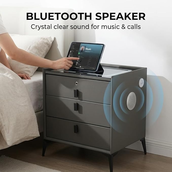 Smart Nightstand with 3 Drawers, Tri-Color Lights, Wireless Charging Port and