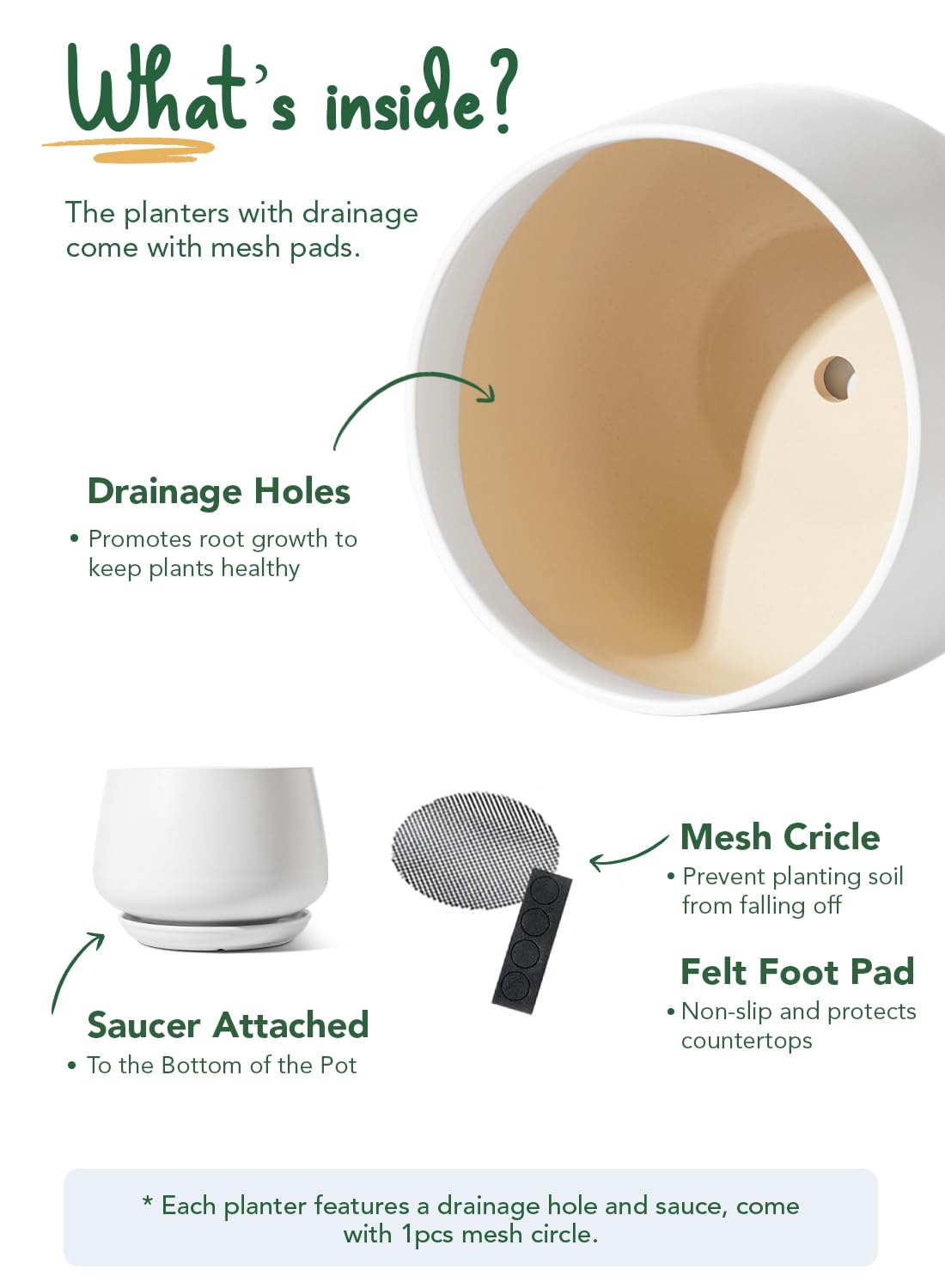 LE TAUCI Ceramic Planters, 12 Inch Pots for Plants, Plant Pots with Drainage Holes and Saucers, Durable and Modern, Planters for Indoor Plants, White