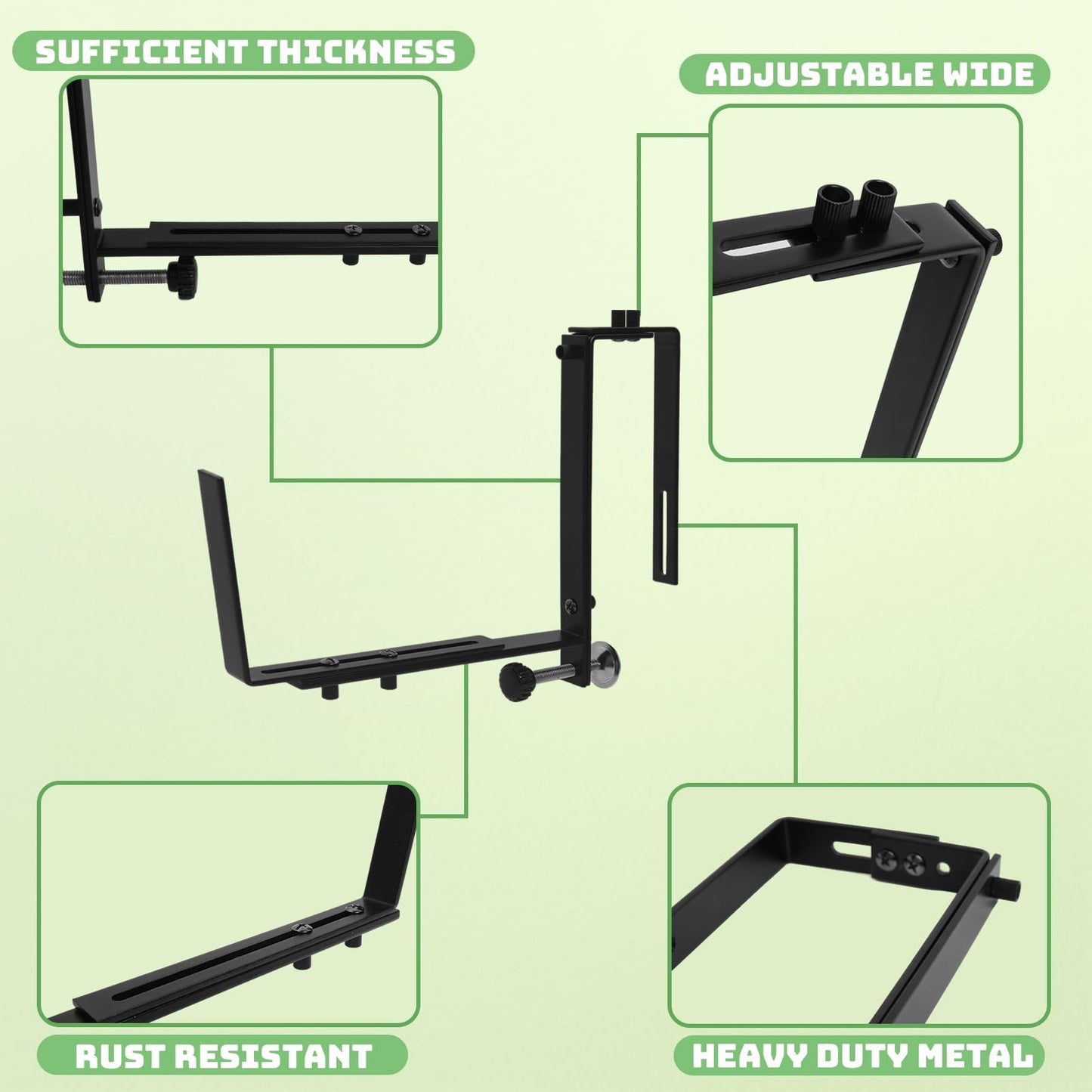 SDLDEER Window Box Brackets, 4 Pack Adjustable Planter Box Brackets, Heavy Duty Iron Flower Box Bracket for Deck Railing with Bottom Support, for Balconies, Fences, and Gardens