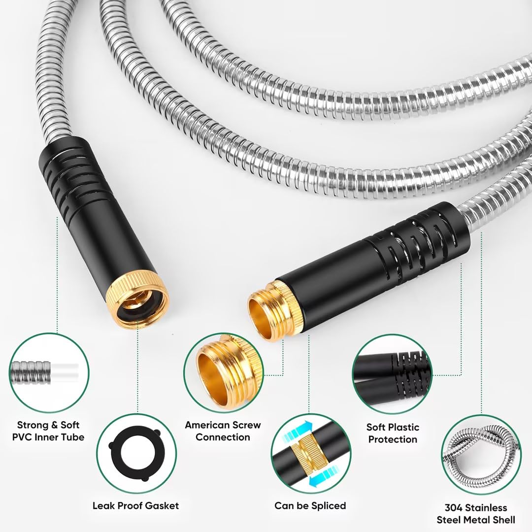 Garden Hose 100ft, Heavy Duty Stainless Steel Water Hose with 10 Functional Nozzles, No Kink, Lightweight and Flexible, Easy to Use and Store, Strong and Sturdy, Suitable for Yard and Lawn