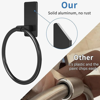 STWWO Adhesive Towel Holder, Hand Towel Holder for Bathroom, Self Adhesive Hand Towel Rings, Black, 2 Pack