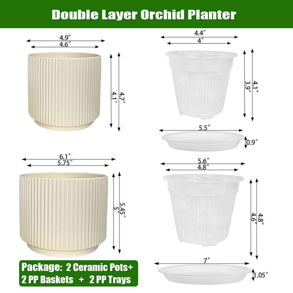 MUZHI Ceramic Orchid Pot with Holes and Drainage Tray Set of 2,(5+6 Inch), Double Layer Orchid Planter with Clear Plastic Inner Net Baskets Pots for Repotting (Lt Yellow)