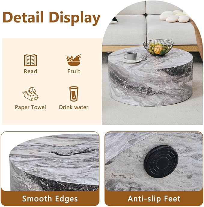 Round Coffee Table Set for 2, Modern Living Room Table Set, Faux Marble Wood