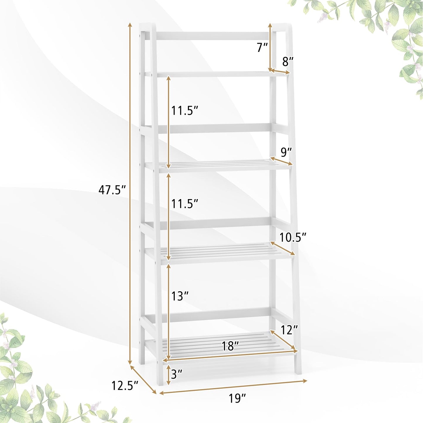 Giantex 4-Tier White Ladder Shelf, Bamboo Open Bookcase Book Shelf with Storage, 47.5" Freestanding Display Shelving Unit Plant Stand Rack Organizer, Shelves for Bedroom, Living Room, Home Office