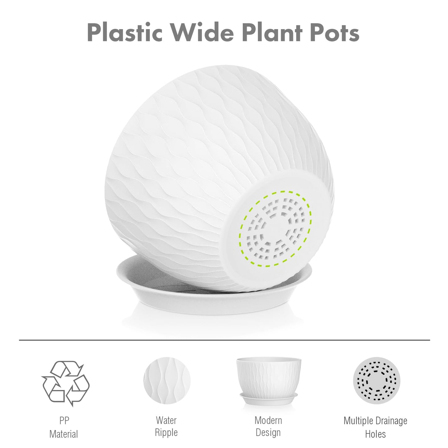 Meowell 12/10/9 inch Large Plant Pots, 3 Pack Wide Flower Pots for Outdoor Indoor Plants with Water Ripples, Big Plastic Planters with Drainage Holes and Saucers for Garden House Plants, White