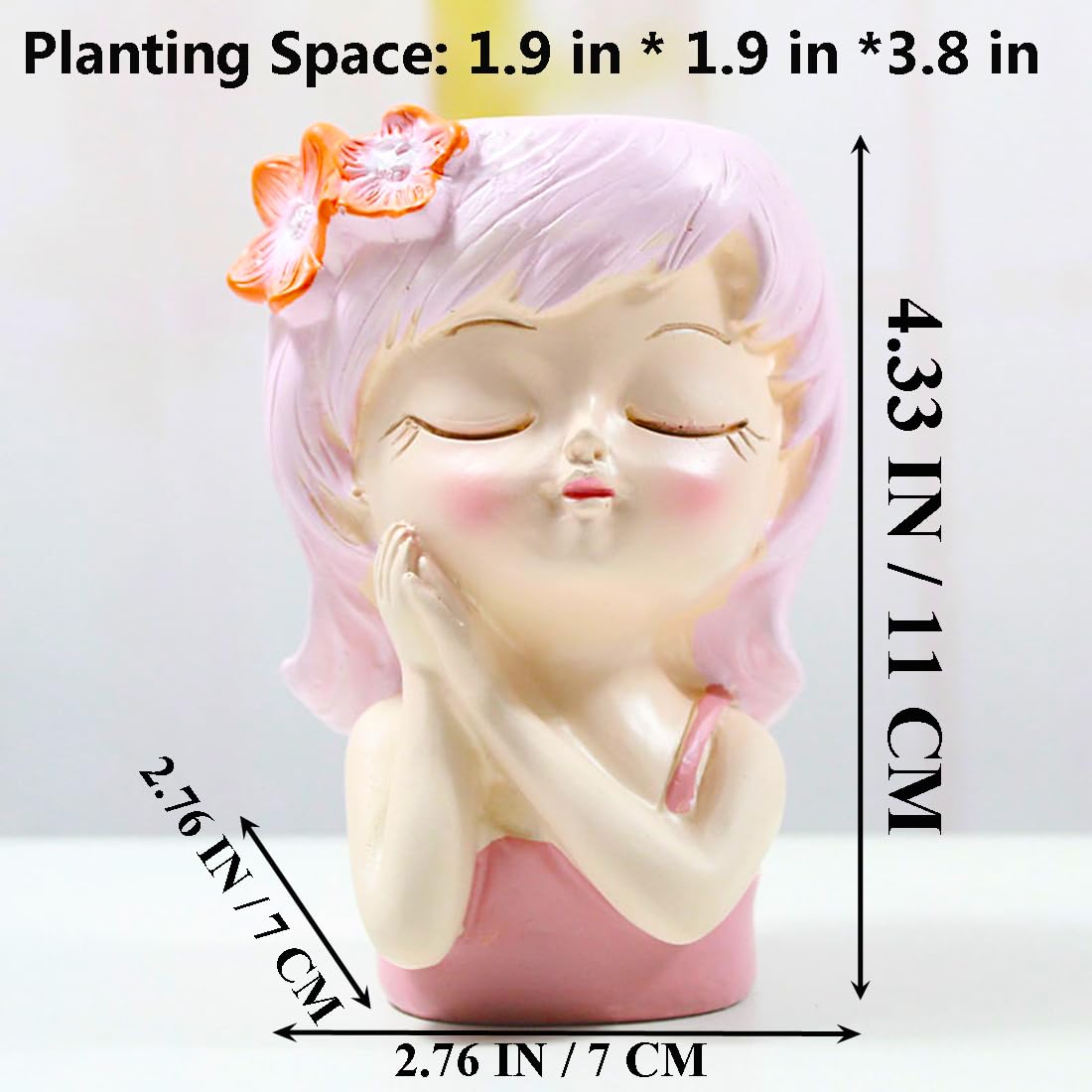 Cute Head Planter Pot Resin Succulent Planter Little Girl Flower Pot, Human Face Cactus Plants Container Bonsai Holder Thumb Pot Fairy Figurine Statue Planters with Drainage Decor Gift (Pink)