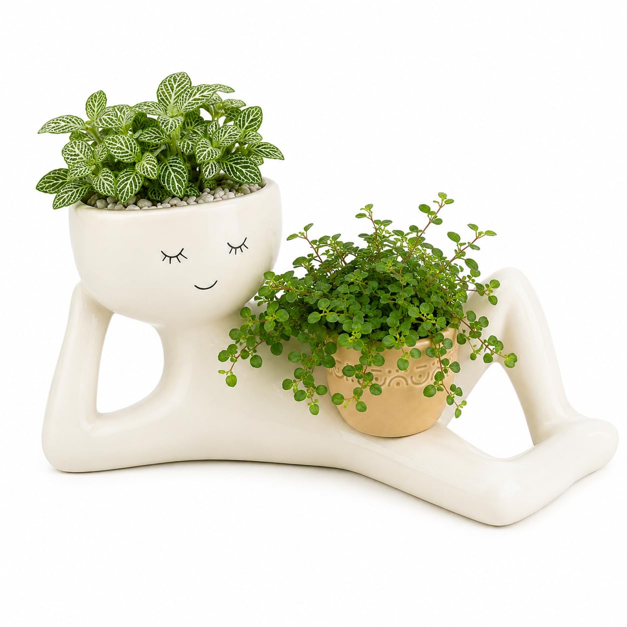zhydrl Lazy Guy Planter - Resin Pot with Drainage Holes Cute Lying Down Smiling Figure for Succulents & Cacti, Unique Home Garden Decor Gift Idea for Indoor Outdoor Use