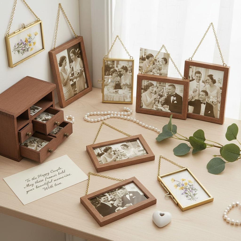 WHYTOOPY Pressed Flower Frames with Tweezers,Wall Hanging Double Glass Frames 2x3 with Metal Chain for Dried Flowers Plants,Floating Photo Frame for Display Gallery Artwork,Golden, 4 Pack
