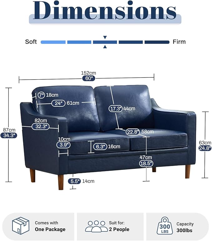 Kingfun 56" Faux Leather Sofa, Loveseat Couch, Mid Century Modern Love Seat