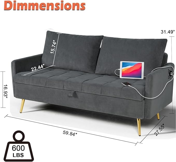 LINLUX Grey Fabric 60" W Couch