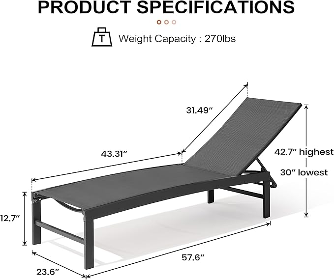 Crestlive Products Lounge Chair Outdoor Set of 2, Aluminum Pool Chaise Lounge