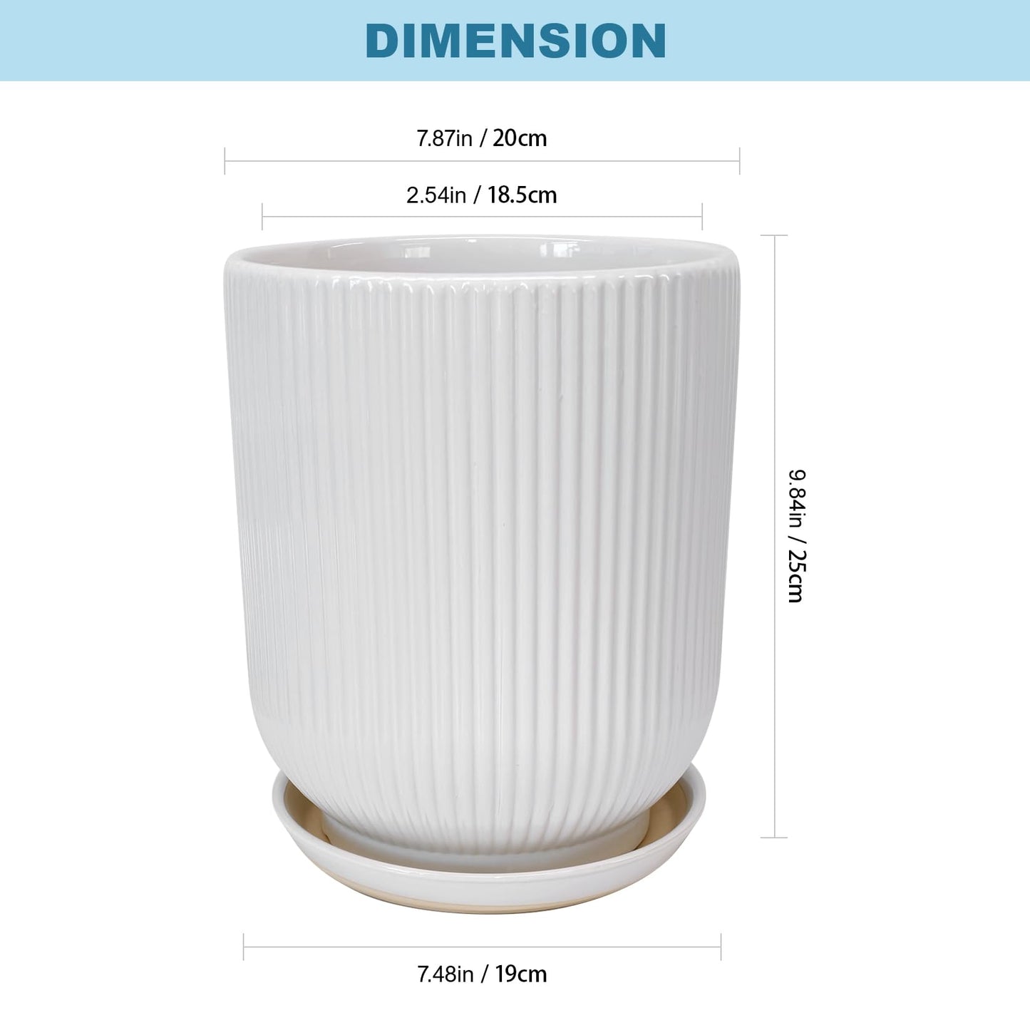 Deep Dream 8 Inch Ceramic Pots for Plants, Heavy Plant Pot for Indoor Outdoor Plants, Large Plant Pot with Drainage Hole and Saucer, Modern Tall Flower Pot, Gifts for Plant Lovers, White