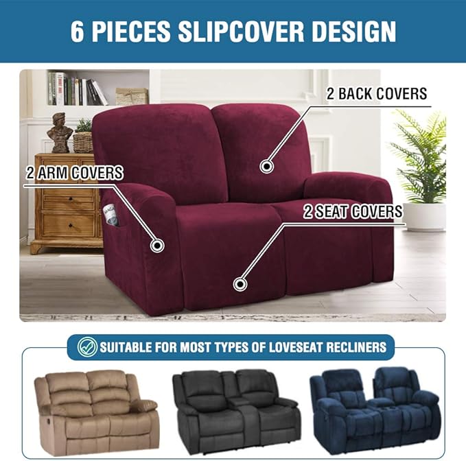 H.VERSAILTEX Velvet Stretch Recliner Couch Covers 6-Pieces Recliner Loveseat