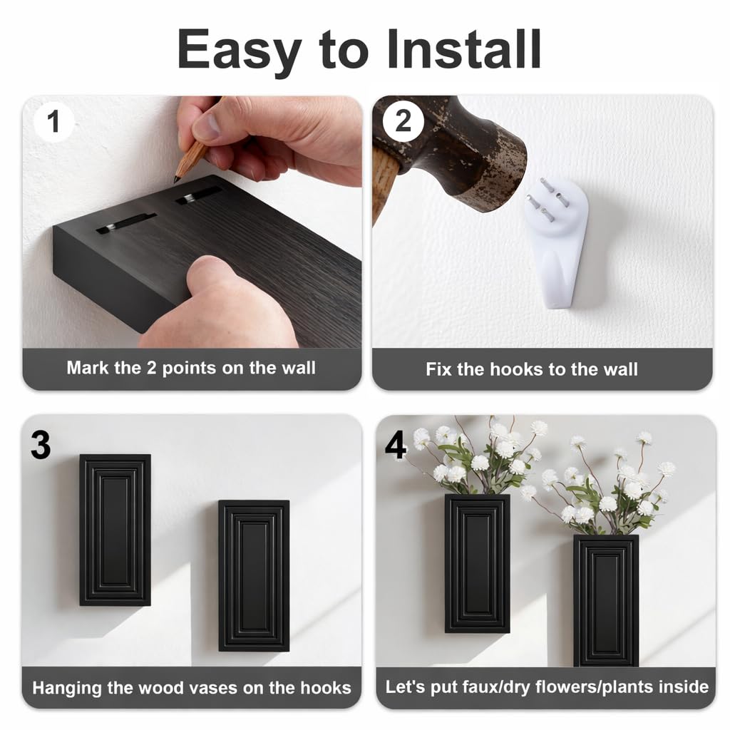 FancyPlus Wooden Wall Planter Vase,2 Pack Hanging Planter for Indoor Fake Plants Modern Boho Farmhouse Wall Art Decor for Home Indoor Kitchen Modern Farmhouse Bathroom Living Room Dining Room(Black)