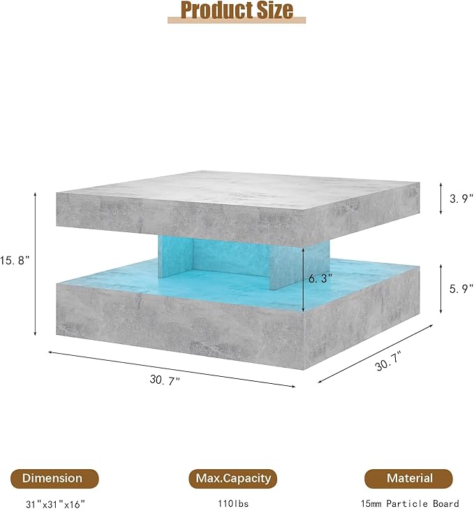 HedoAjim Grey LED Coffee Table for Living Room, Living Room Table 2-Tier Square
