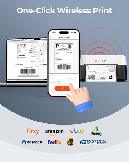 MUNBYN Bluetooth Thermal Label Printer RW403B, Wireless 4x6 Shipping Label Printer for Small Business, Compatible with Android, iPhone, Windows, Mac, Chromebook, Print Width 1.57"-4.25"