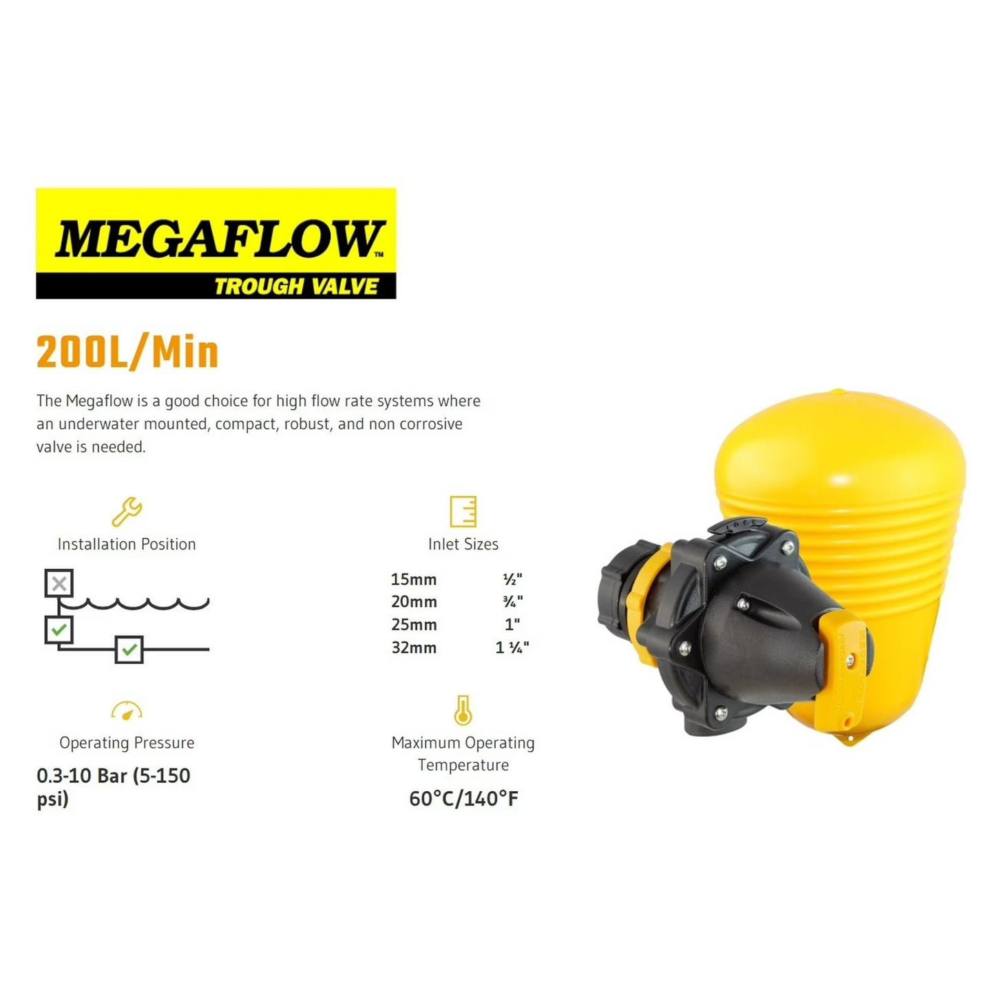 Jobe Valves J-MFV0075DLT 82026 Megaflow Valve 3/4", Yellow/Black – High Flow Float Valve for Livestock Water Troughs, Up to 90 GPM, Underwater Mount, GF Nylon Construction
