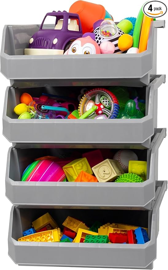 ReadySpace Plastic Containers for Organizing and Storage Bins for Closet, Kitchen, Office, Garage or Pantry Organization, Stackable Bins, Extra Large (14.8" x 16.5" x 7"), 4-Pack, Grey