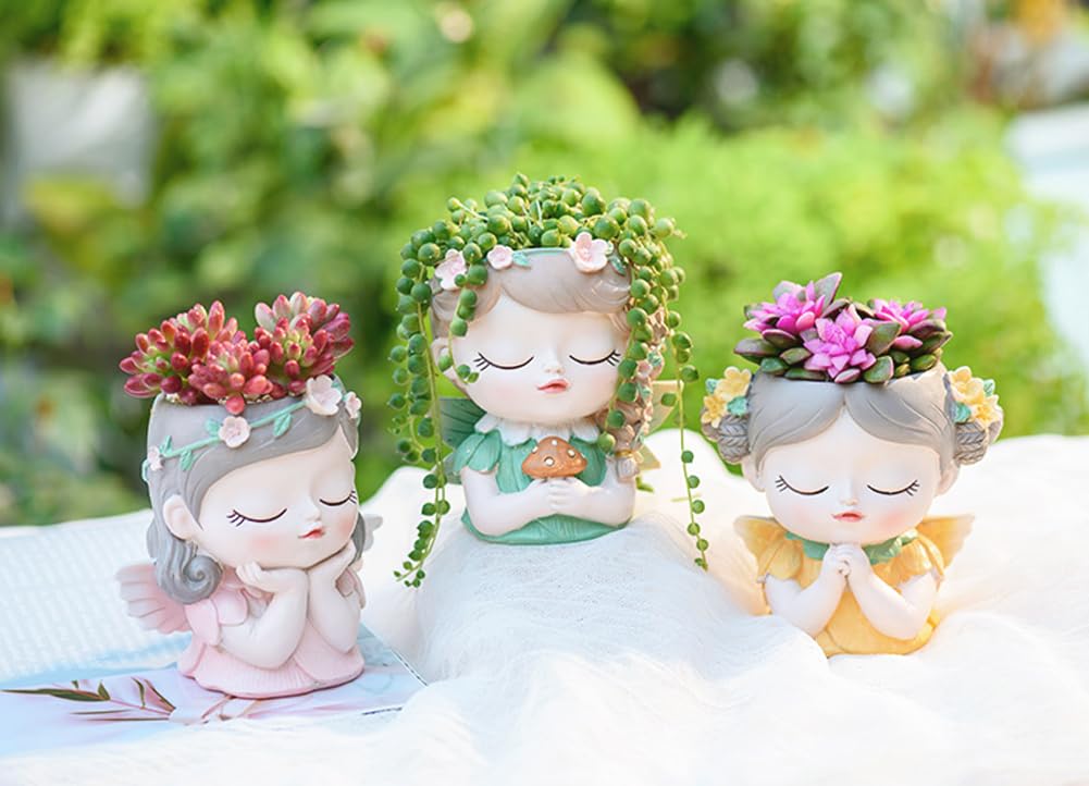 Argofox Samll Angel Girl face Succulent Plant pots 3packs with Drainage Hole 4inch Indoor Cactus Pot Unique Cute Flower Pot with Girl Face Container Planter