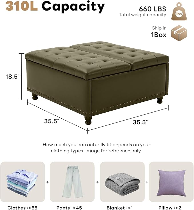 Tbfit Large Square Storage Ottoman Bench, Tufted Upholstered Coffee Table