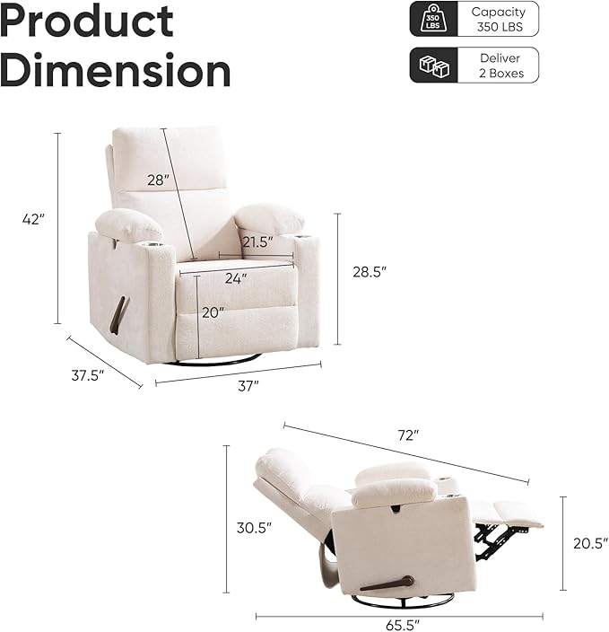 Swivel Rocker Recliner with Adjustable Armrests, Rocking Nursery Chair with
