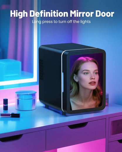 Skincare Fridge With Dimmable LED Light Mirror, 4L Mini Fridge For Desktop, Travel or Cool & Heat, Makeup Fridge for Cosmetics, Skin Care and Food, Green