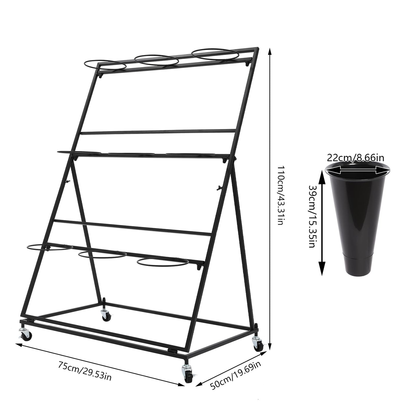 CNCEST Flower Display Stand With 9PCS Buckets,3 Layers Metal Plant Stand with Wheels,Moving Plant Cart Shelf Indoor Outdoor Flower Rack for Home Patio Balcony (Black, 3 Tier,9PCS)