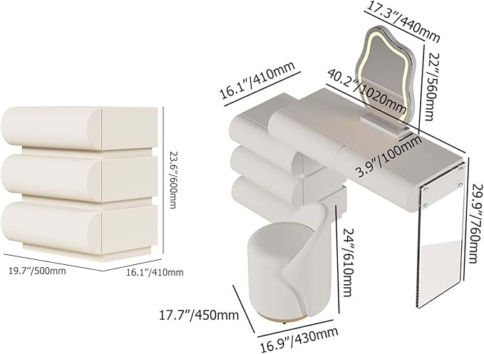 homary White 2-Piece Makeup Vanity & Smart Nightstand Set, Modern Vanity Table