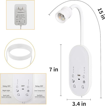 LED Wall Mounted Reading Light for Bed, Book Light for Reading with Touch Control, Stepless Dimmable, Flexible Gooseneck Bed Light with USB C+A, Night Light & Timers Function (White)