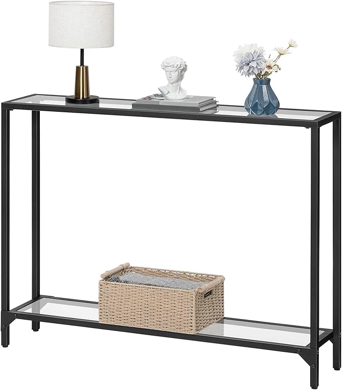 HOOBRO 39.4" Narrow Console Table, Tempered Glass Sofa Table, Behind Couch