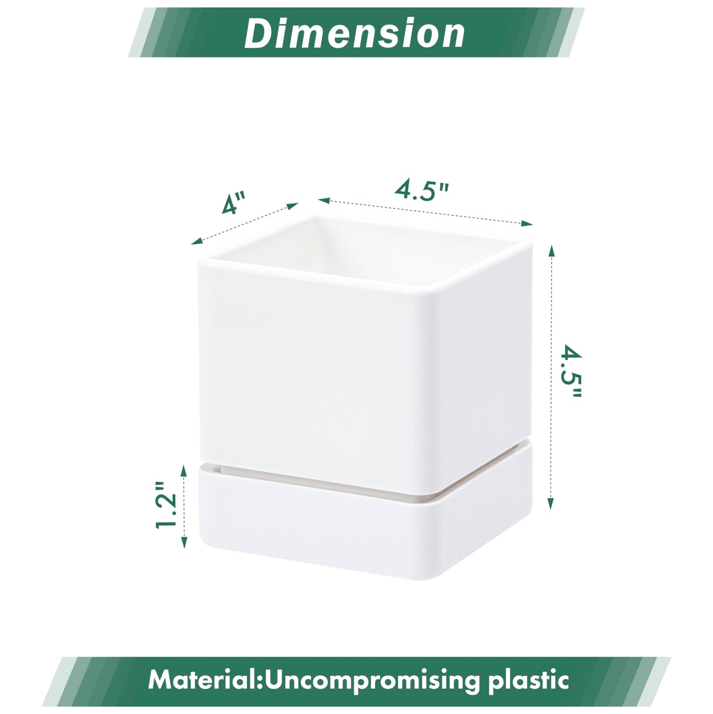 D'vine Dev 4 Inch Herb Planter Pot, Plastic Planter with Drainage Holes and Saucer, Modern Decorative Gardening Pot for Indoor Plants, Flowers, Herbs, Succulents, White, Set of 1, 76-Y-A1-1