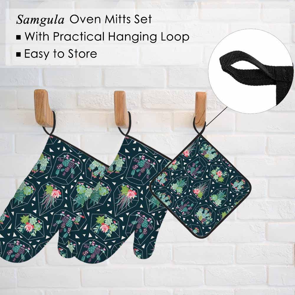 Samgula Green Plant Oven Mitts and Pot Holders Sets Succulents Cactuses in Glass Terrariums Heat Resistant 3pcs for Cooking Baking BBQ