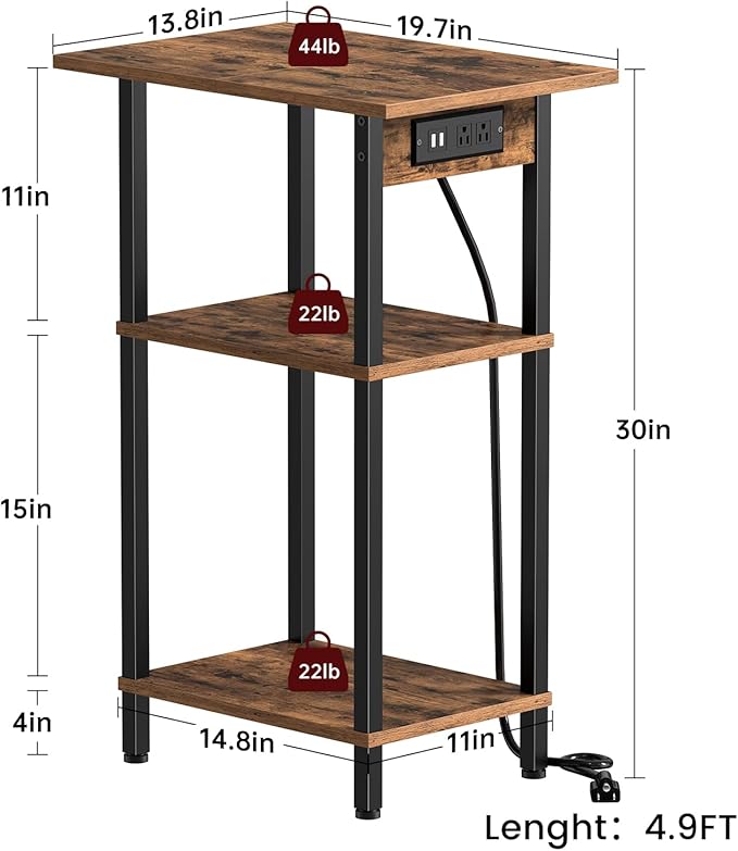 Asgolion Tall End Table with Charging Station, Skinny Nightstand with USB Ports