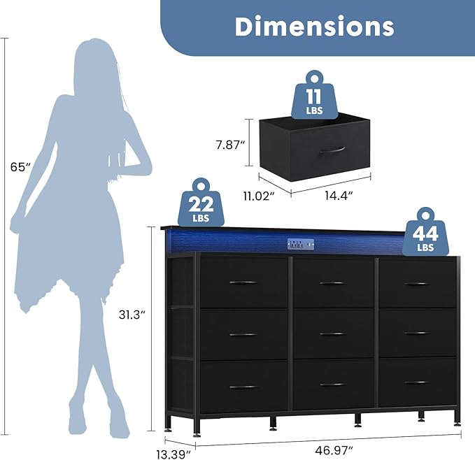 DUMOS TV Stand Dresser with 9 Fabric Drawers and Open Shelves, Entertainment