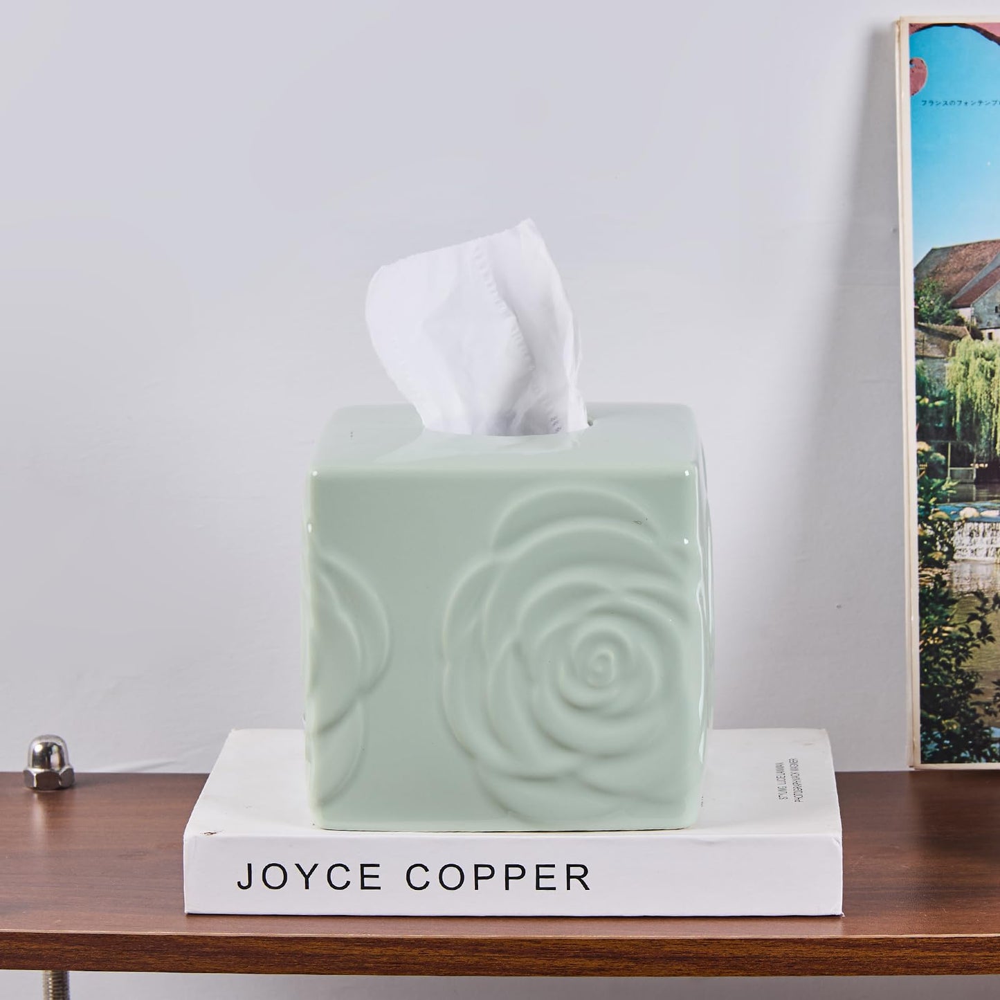 Light Green Ceramic Cube Tissue Box Cover with Rose – Large Elegant Rose Floral Square Decorative Tissue Box Holder for Bathroom, Bedroom, Office Desk, Kitchen Counter – Perfect Housewarming Gift