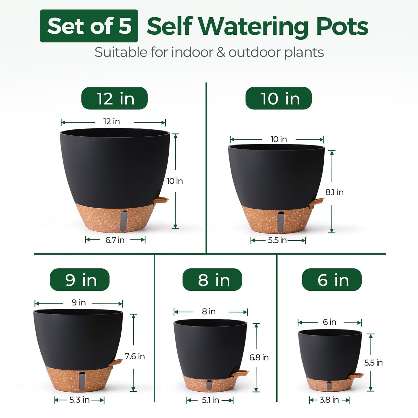 T4U 5 Pack Self Watering Pots (6"+8"+9"+10"+12") - Water Level Indicator & Deep Reservoir, Mess-Free Planters for Busy People, Beginners & Gardeners, Fit Most Plants, Indoor Outdoor Use (Black)