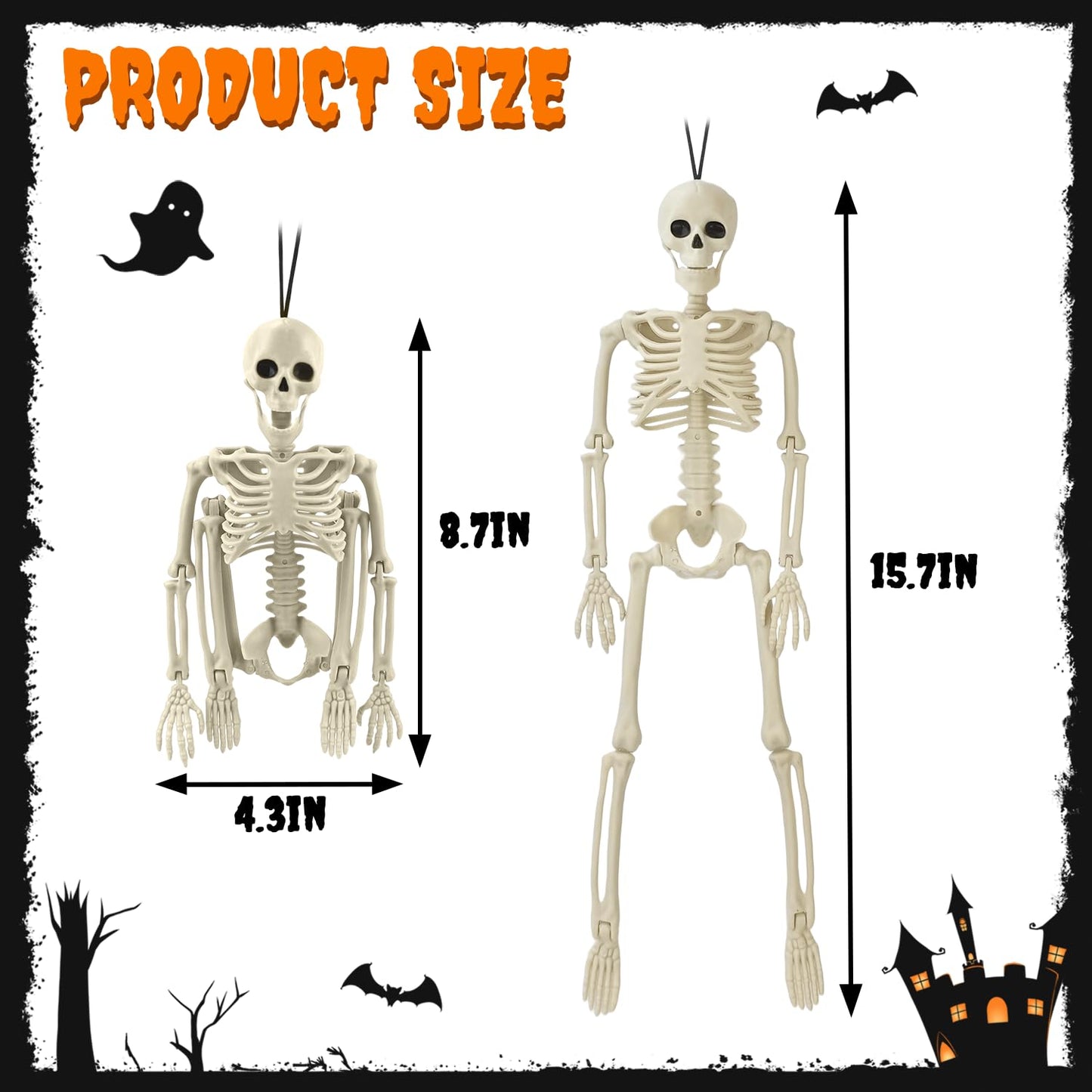 4 PCS 16'' Halloween Decor for Outdoor Graveyard Yard,Small Posable Plastic Skeletons Decorations for Tree Lawn Window Office Desk,Halloween Party Supplies,Scary Skull Hanging Props for Haunted House