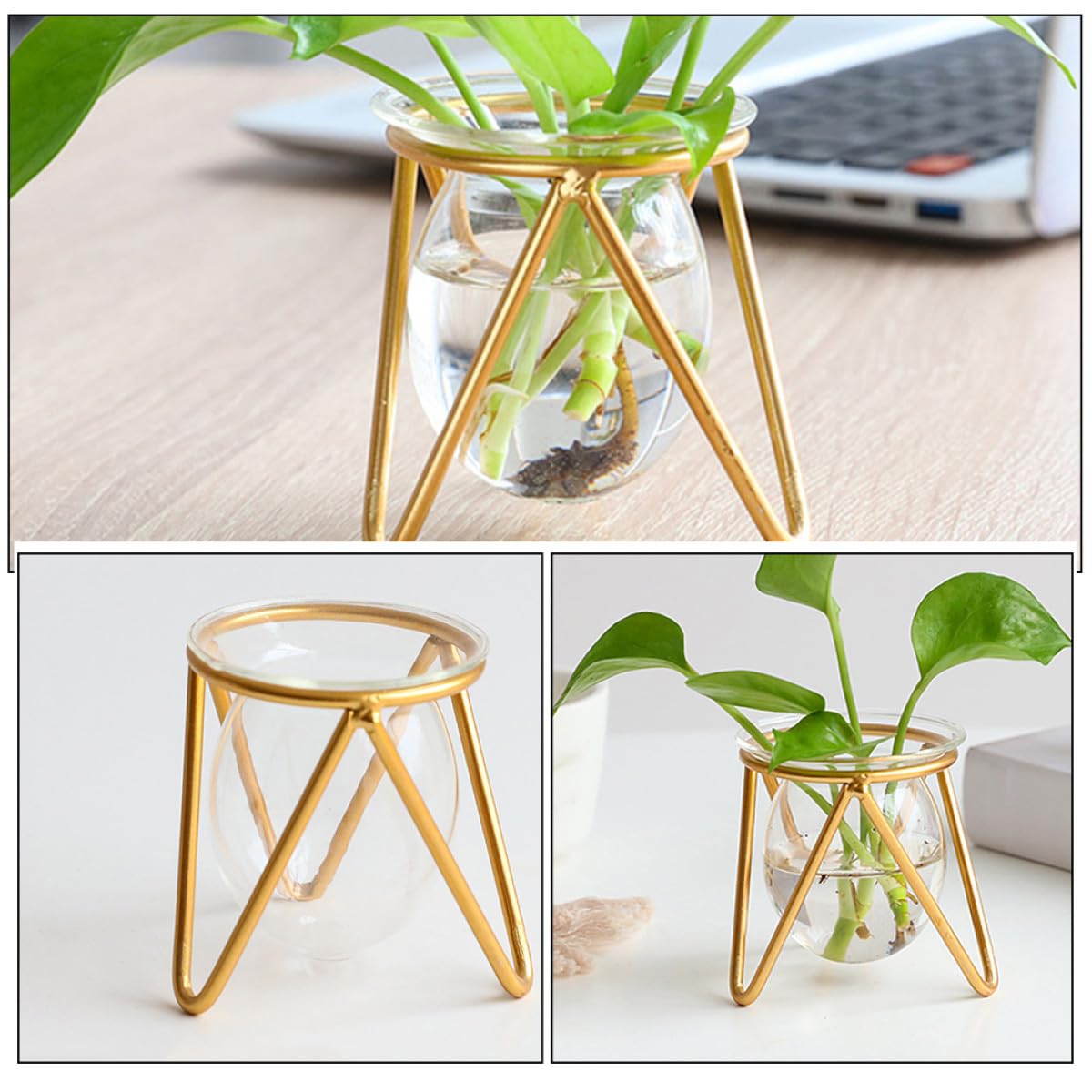 DOITOOL Hydroponic Glass Vase with Metal Stand, Small Decorative Succulent Planter Bulb, Gold Desktop Plant Container for Indoor Terrarium and Home Décor